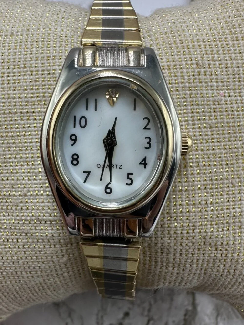 3/$30 Accutime Watch Women Silver Gold Oval Dial Stretch Band Works 6.5